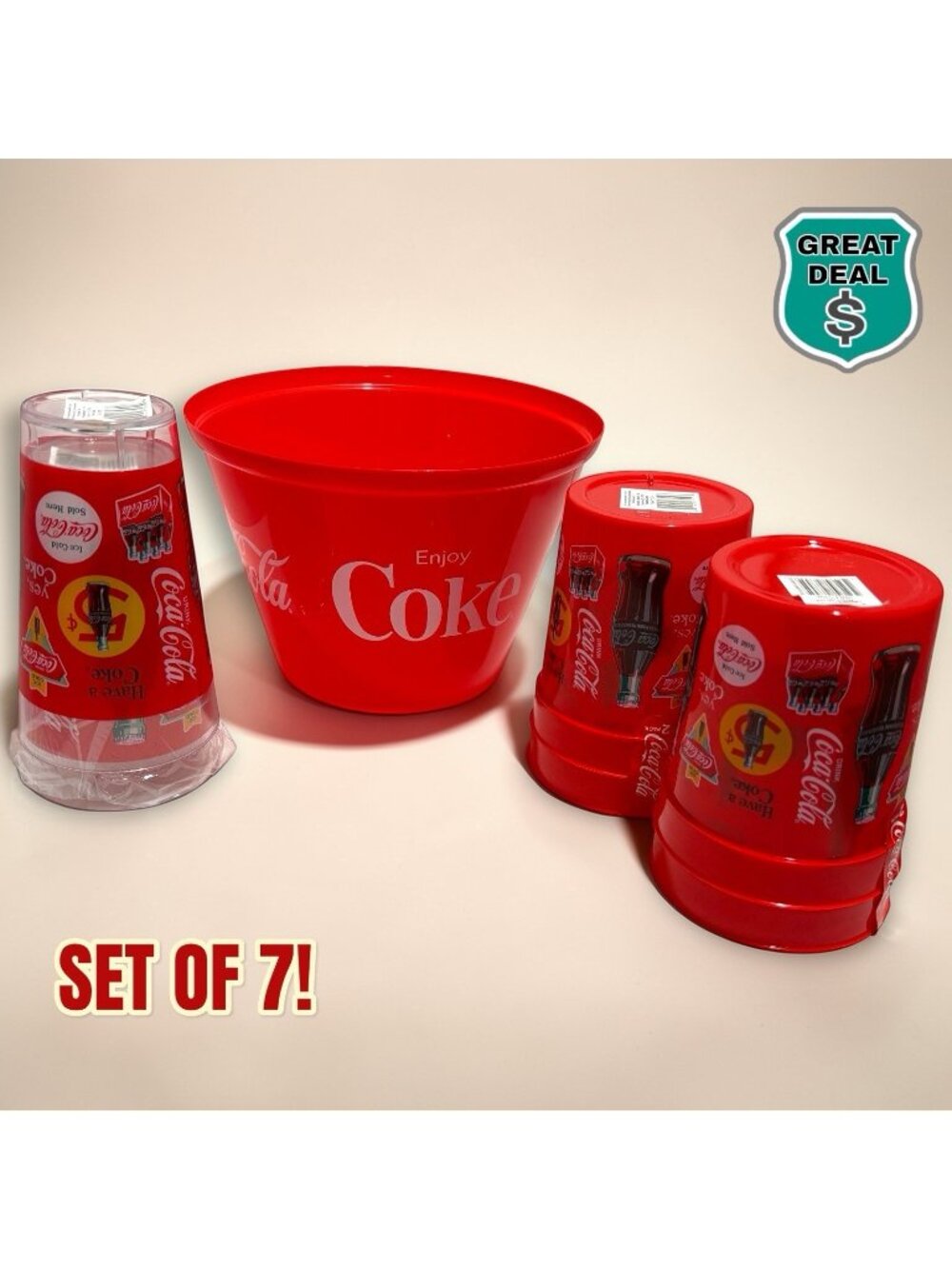 Retro Coca-Cola Popcorn/Ice Bucket and 6 Cup Tumblers! NEW!